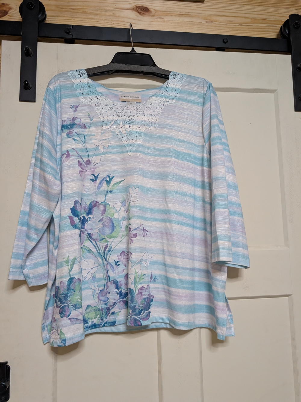 Alfred Dunner Striped Floral Lace-Trim Top Size 1X